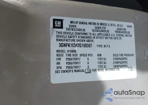 2007 Chevrolet Suburban 1500 Lt z USA, uszkodzony, nr VIN 3GNFK16347G108307